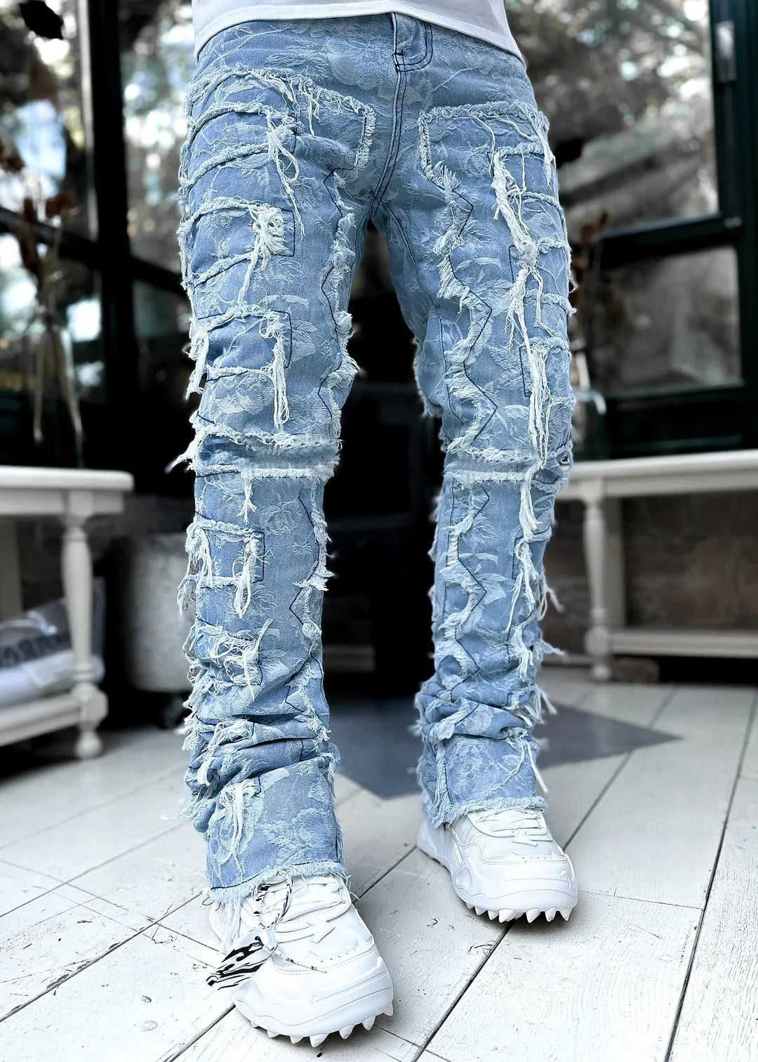 Man Stacked Jeans Elastic Waist Straight Fit Patchworks Denim Long Pants Fringe Ripped Jeans For Men