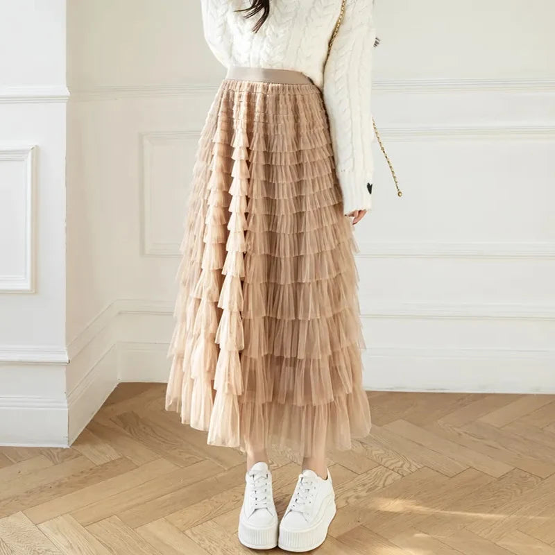 Chic A-Line Long Skirt with Cascading Ruffles for Women